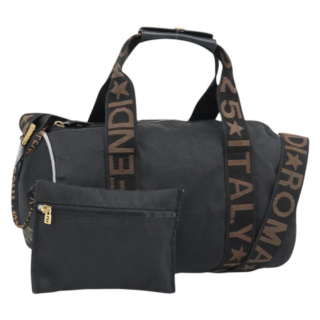 FENDI Black Canvas 2way Handbag Gold Tone Italy: FENDI Black Canvas 2way Handbag Gold Tone Italy FENDI hand bag in black and gold canvas, made in Italy. This women's 2-way style bag features a shoulder strap and handle, with the listed dimensions of
