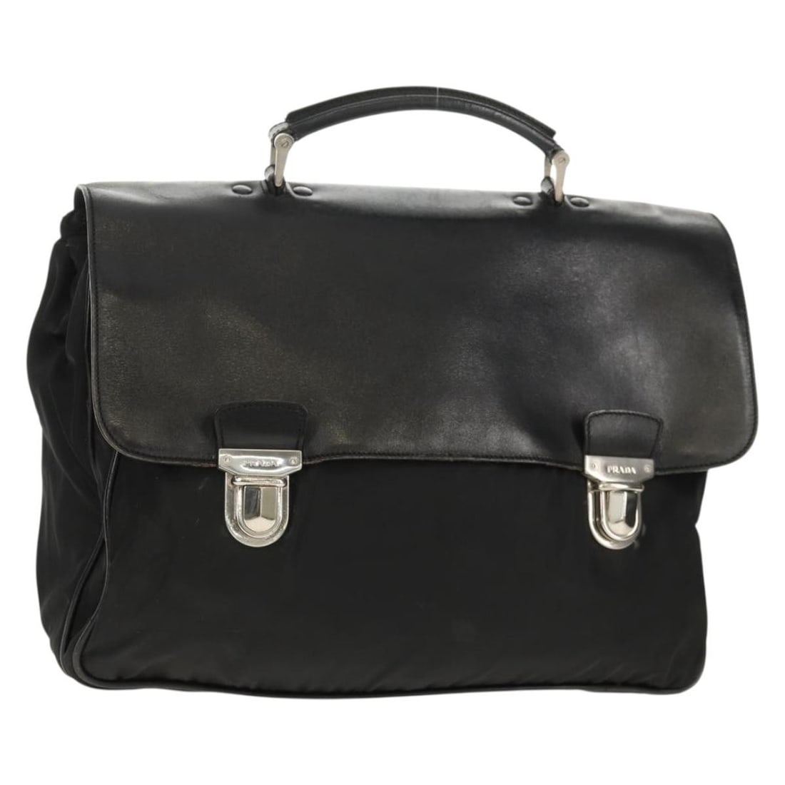 PRADA Black Nylon Leather Business Bag Auth Italy: PRADA Black Nylon Leather Business Bag Auth Italy This PRADA Business Bag is crafted from durable nylon in a sophisticated black and silver color scheme, making it a stylish choice for professionals. 