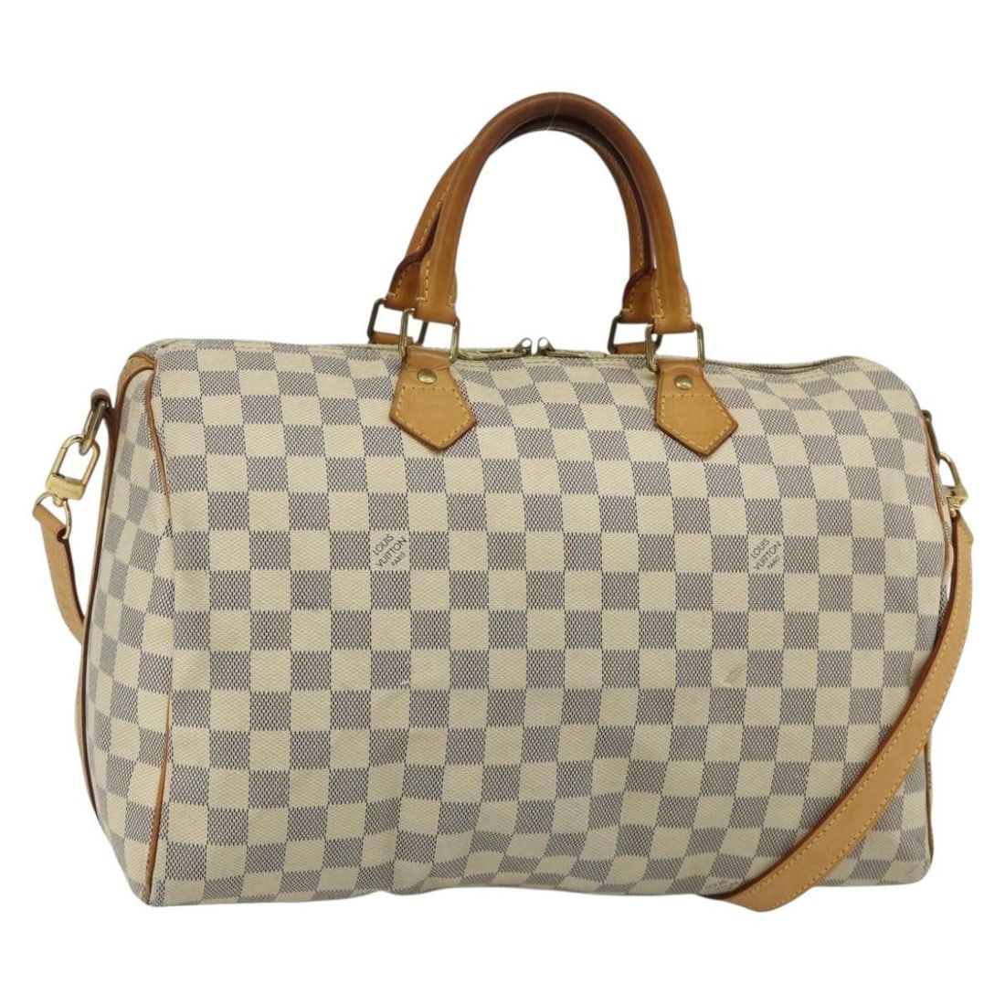 Louis Vuitton Damier Azur Speedy Bandouliere 35 with Shoulder Strap: Louis Vuitton Damier Azur Speedy Bandouliere 35 with Shoulder Strap This Louis Vuitton Damier Azur Speedy Bandouliere 35 is a women's handbag crafted from Damier Azur canvas. The bag features a struct