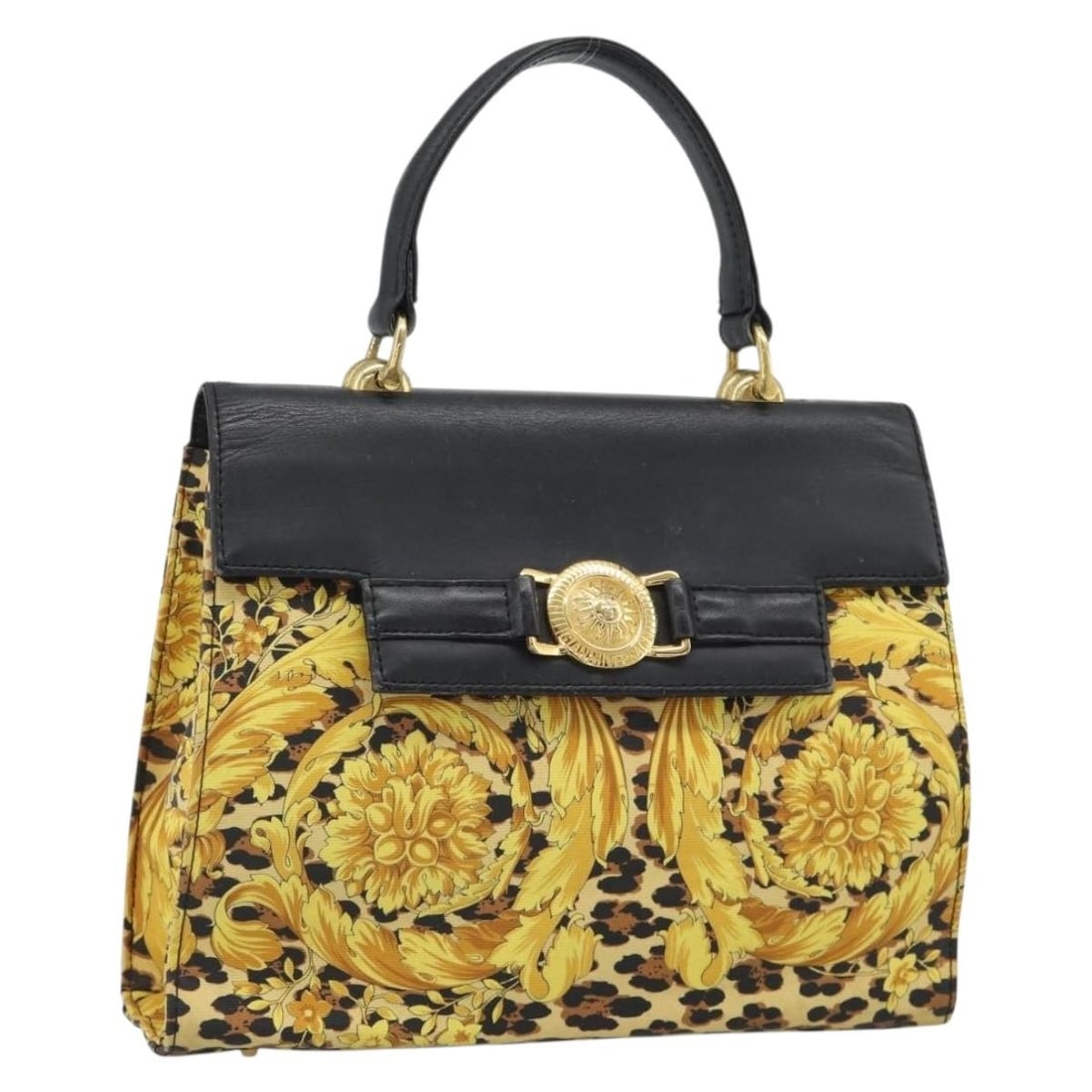 Gianni Versace Yellow Gold PVC Leather Handbag: Gianni Versace Yellow Gold PVC Leather Handbag Gianni Versace hand bag in yellow and gold PVC leather. The bag measures approximately W28 cm x H21 cm x D7 cm, with a handle drop of approximately 11 cm