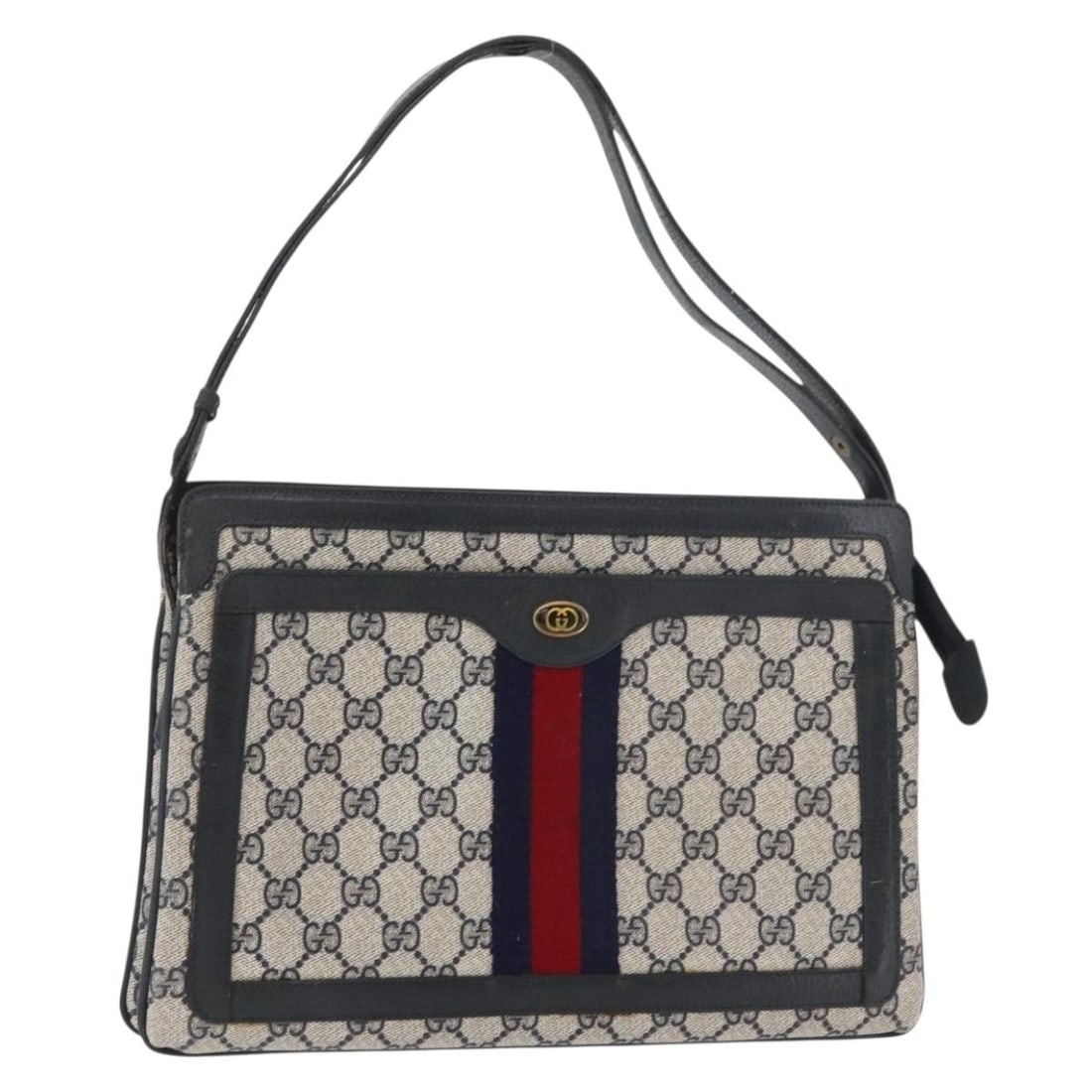 Gucci Sherry Line Navy Gold PVC Shoulder Bag: Gucci Sherry Line Navy Gold PVC Shoulder Bag This GUCCI GG Supreme Sherry Line shoulder bag features a navy and gold color scheme and is crafted from PVC leather with GG canvas detailing. Designed for