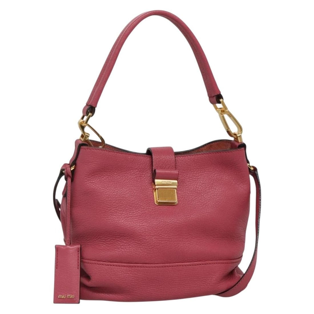 Miu Miu Pink Leather 2way Handbag with Shoulder Strap: Miu Miu Pink Leather 2way Handbag with Shoulder Strap Miu Miu leather hand bag in pink and gold, made in Turkey. It comes with a shoulder strap and features a 2-way style with both handle and shoulder