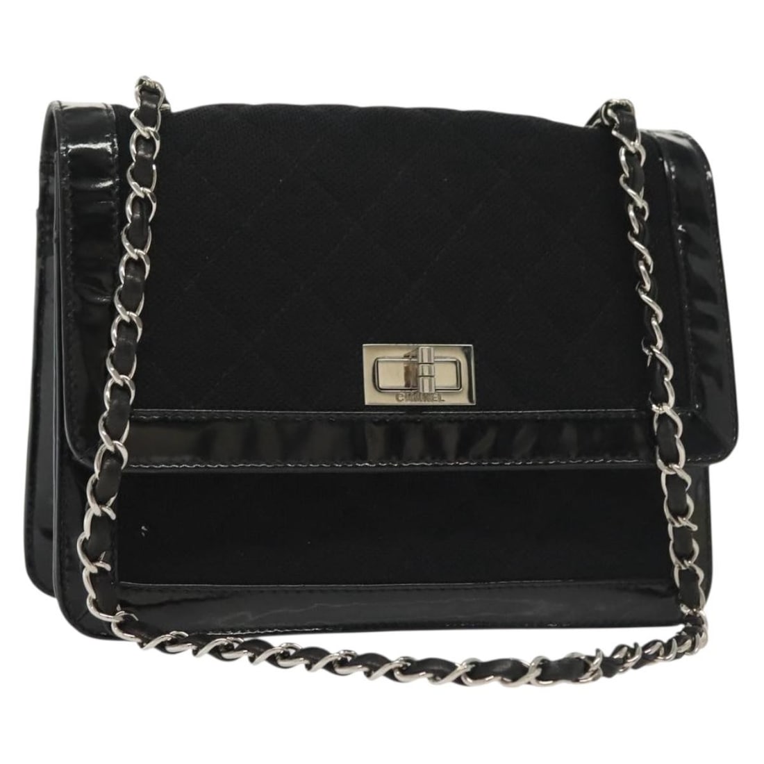 CHANEL Matelasse Canvas Shoulder Bag Black Silver Chain CC: CHANEL Matelasse Canvas Shoulder Bag Black Silver Chain CC A Chanel Matelasse chain shoulder bag in black and silver, made from canvas with leather details. It is a shoulder bag made in France and com