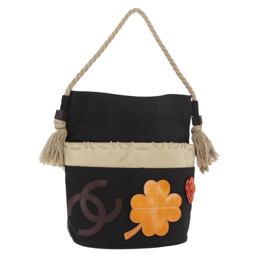 Chanel Camellia Clover Fishnet Rope Shoulder Bag Black Canvas Silver CC: Chanel Camellia Clover Fishnet Rope Shoulder Bag Black Canvas Silver CC A CHANEL shoulder bag in black and silver canvas with a fishnet camellia clover rope design. It was made in Italy and is offered
