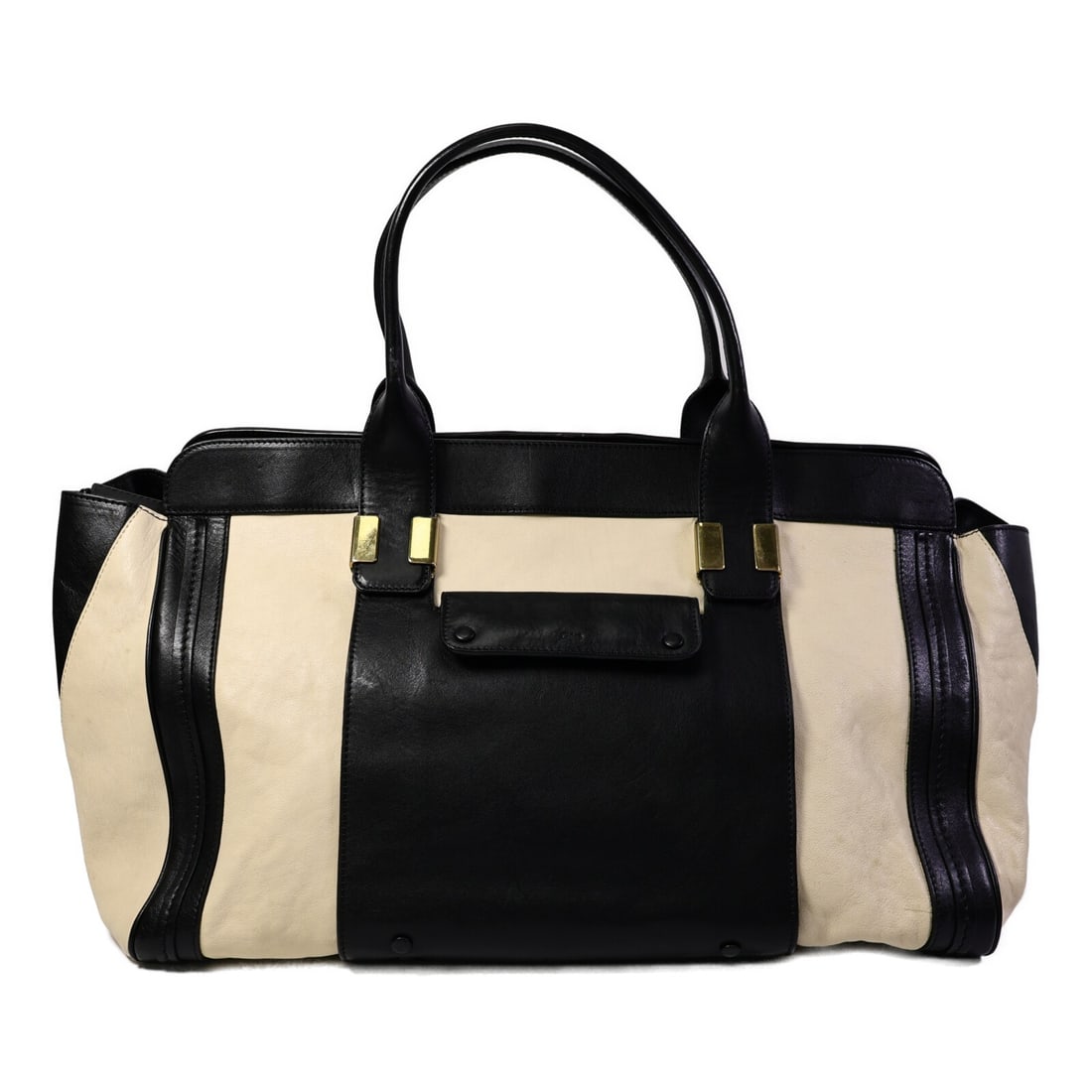 Chloe Alice Shoulder Handbag Beige Black Calfskin Leather: Chloe Alice Shoulder Handbag Beige Black Calfskin Leather Chloe Alice shoulder bag in calfskin leather with a black and beige colorway. This handbag is a regular-size women's style made in calfskin (c