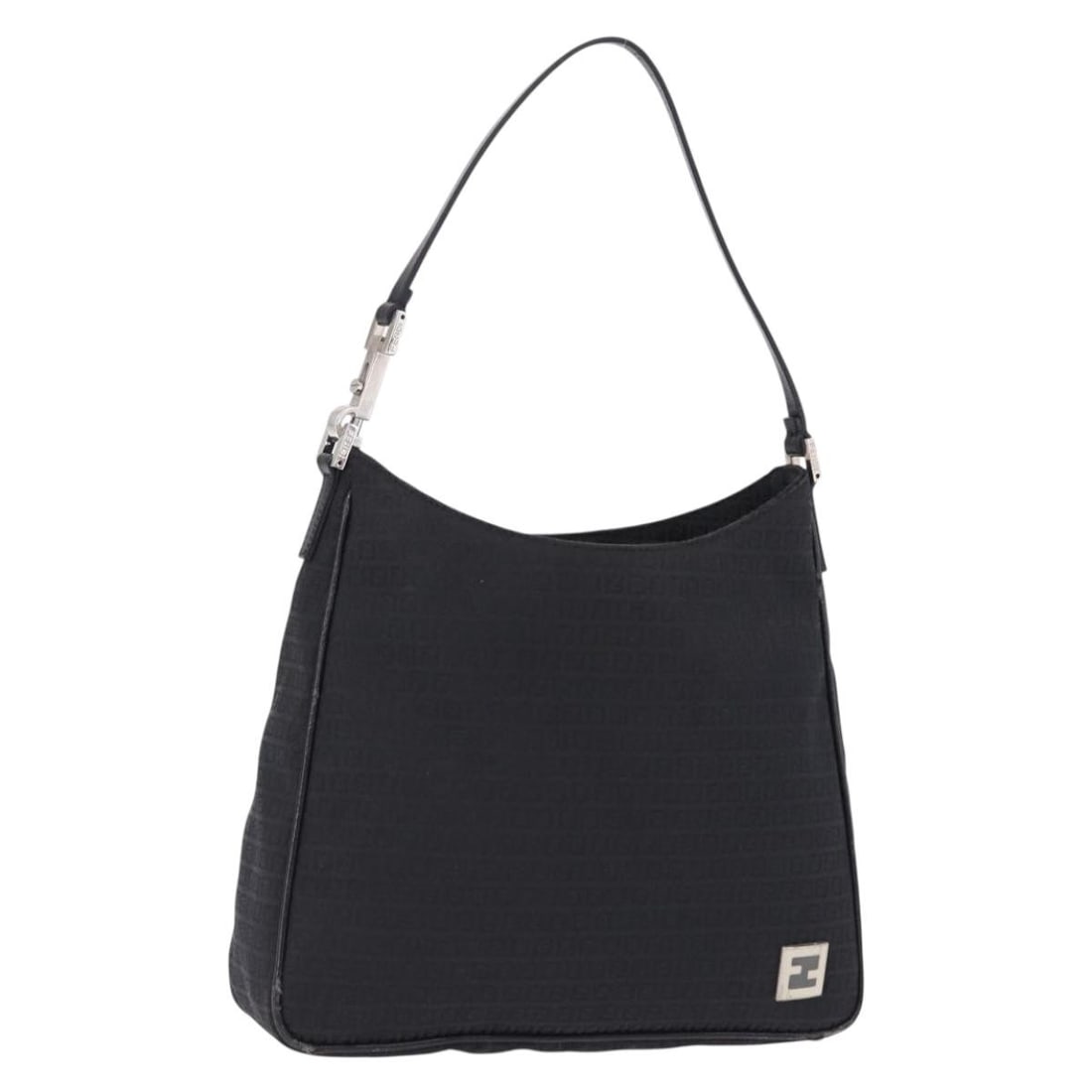 Fendi 8BR169 Zucchino Canvas Shoulder Bag in Black Silver: Fendi 8BR169 Zucchino Canvas Shoulder Bag in Black Silver Fendi shoulder bag in Zucchino canvas with a black and silver colorway. Made in Italy, this women's bag features a shoulder strap with an appr