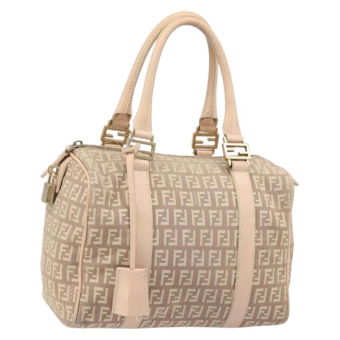 FENDI Mamma Baguette Pink Gold Zucchino Canvas Handbag with Padlock: FENDI Mamma Baguette Pink Gold Zucchino Canvas Handbag with Padlock Fendi Mamma Baguette hand bag in Zucchino canvas with a pink and gold color scheme. It is a women's style handbag made in Italy and 