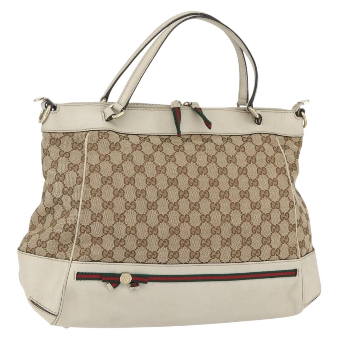 GUCCI GG Canvas Sherry Line Hand Bag Beige Gold Auth 257349: GUCCI GG Canvas Sherry Line Hand Bag Beige Gold Auth 257349 Elevate your style with this authentic GUCCI Pretty GG Canvas Web Sherry Line Hand Bag. Crafted in Italy, this exquisite handbag features a 