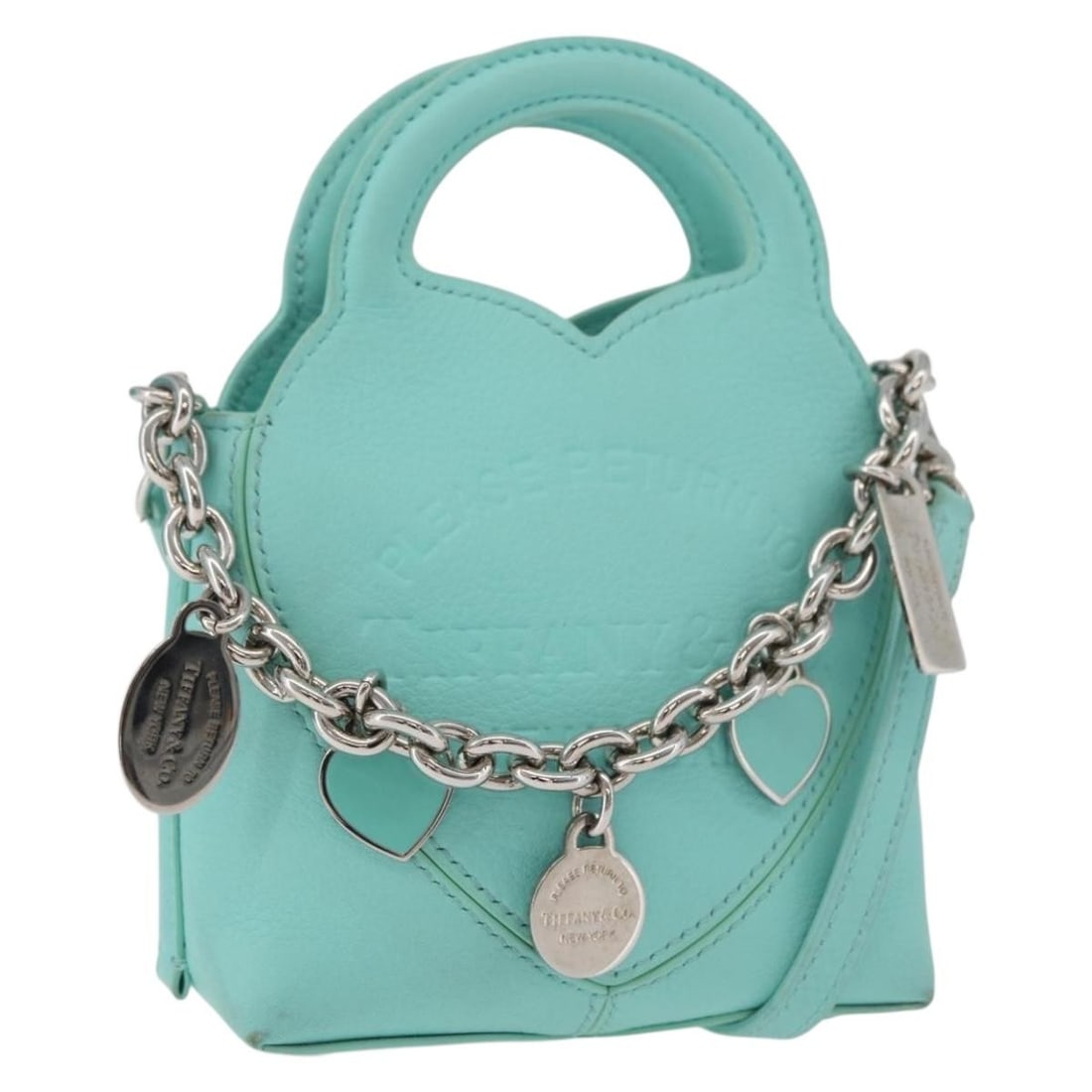 Tiffany Co Return To Charm 2way Leather Hand Bag Turquoise Blue: Tiffany Co Return To Charm 2way Leather Hand Bag Turquoise Blue Tiffany & Co. Return To Charm bag in turquoise blue and silver leather, designed as a 2-way handbag. It includes an item box and shoulde