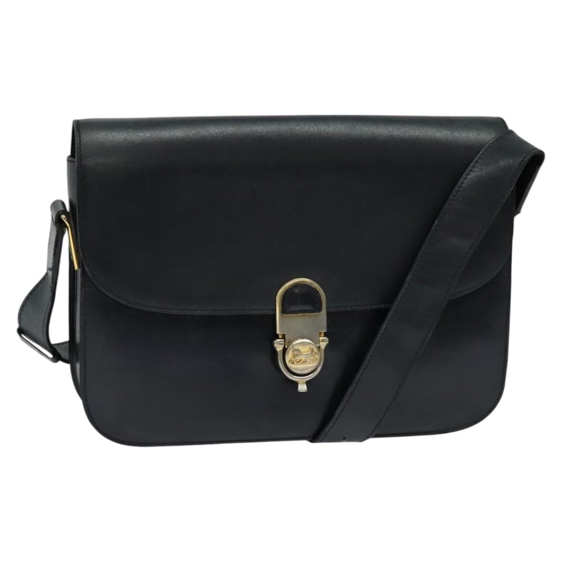 CELINE Leather Shoulder Bag in Navy with Gold Tone Hardware: CELINE Leather Shoulder Bag in Navy with Gold Tone Hardware Authentic CELINE shoulder bag in navy leather with gold-tone accents. Made in Italy, this women's bag has a compact profile and an adjustabl