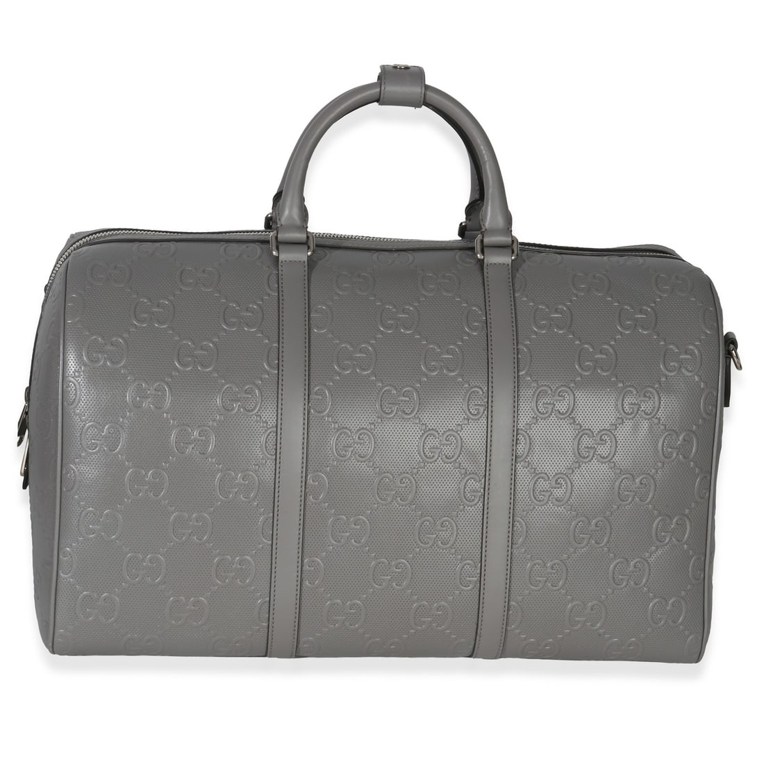Gucci GG Tennis embossed gray calfskin duffle bag: Gucci GG Tennis embossed gray calfskin duffle bag This Gucci Grey Embossed Calfskin GG Tennis Medium Duffle Bag features premium leather construction with the signature GG embossed design. The bag is 