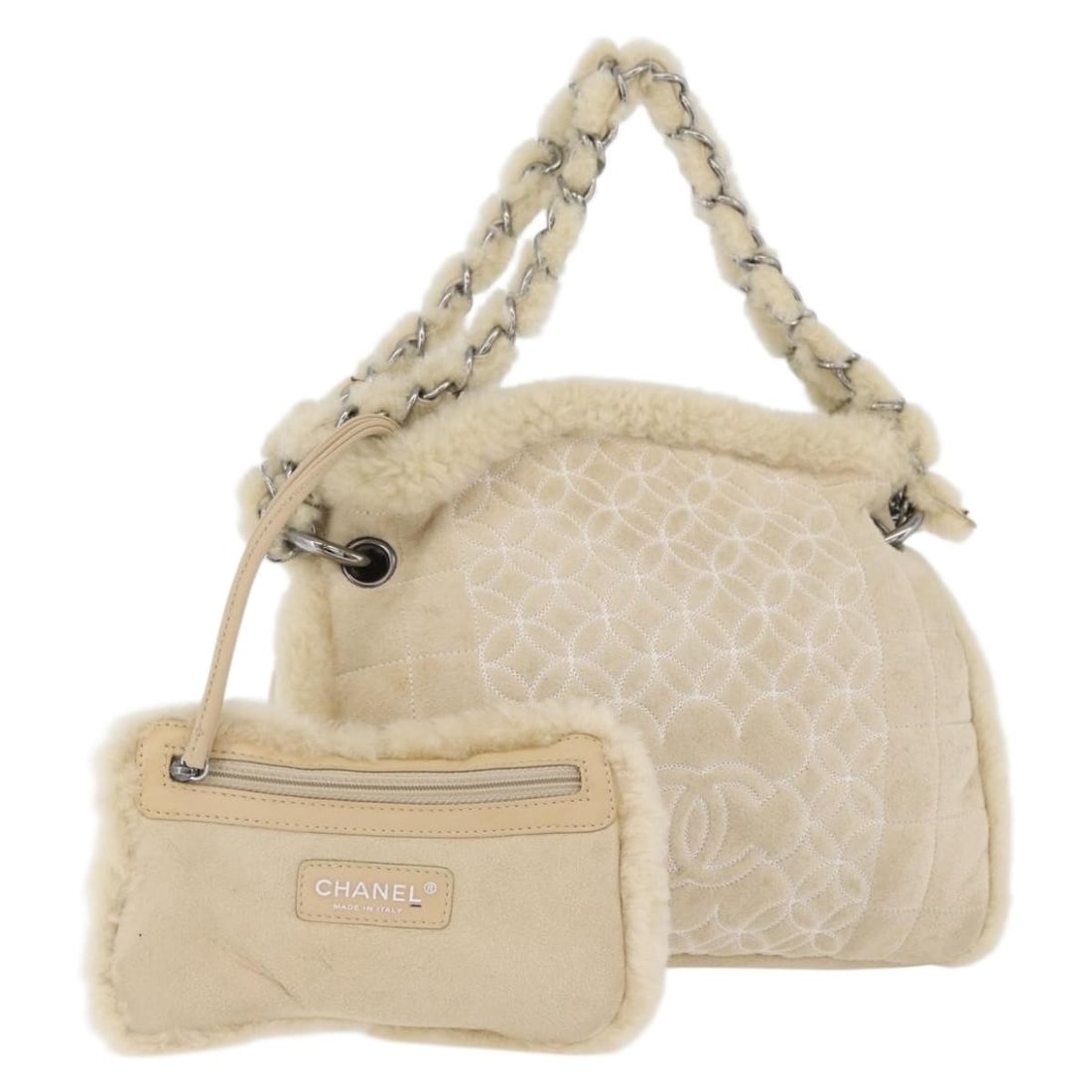 CHANEL Choco Bar Ivory Canvas Chain Tote with Pouch: CHANEL Choco Bar Ivory Canvas Chain Tote with Pouch CHANEL tote bag in ivory and silver canvas, made in Italy. It comes with a pouch and features a handle drop of approximately 16 cm (6.3 in). The bag