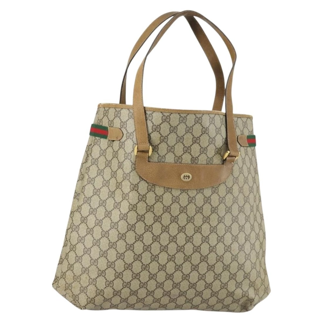 Gucci Sherry Line GG Supreme Beige Gold Tote Bag PVC 39 02 091: Gucci Sherry Line GG Supreme Beige Gold Tote Bag PVC 39 02 091 This is a GUCCI GG Supreme Web Sherry Line tote bag featuring beige and gold PVC leather with GG canvas. The bag is heavily used, showing