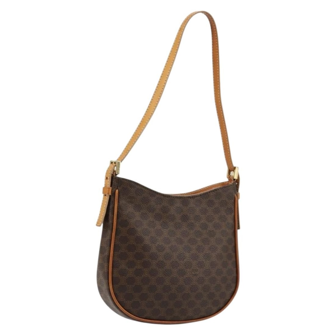CELINE Macadam Shoulder Bag Brown PVC Leather Gold Tone: CELINE Macadam Shoulder Bag Brown PVC Leather Gold Tone Celine Macadam canvas shoulder bag in brown with PVC leather trim and gold-tone accents. Made in Italy, this women's shoulder bag is offered wit