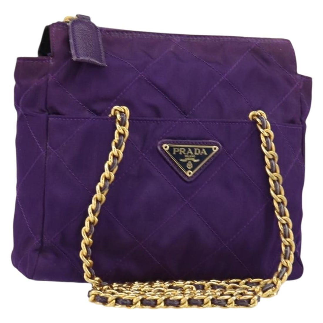 Prada Purple Nylon Shoulder Bag with Chain Strap Gold Tone Hardware: Prada Purple Nylon Shoulder Bag with Chain Strap Gold Tone Hardware Prada chain shoulder bag in purple and gold nylon, made in Italy. It features a shoulder bag style with a shoulder drop of approxima