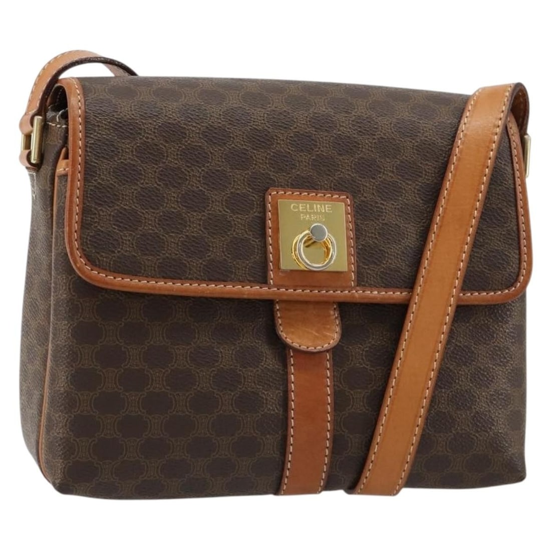 Celine Macadam Shoulder Bag Brown PVC Leather Gold Tone: Celine Macadam Shoulder Bag Brown PVC Leather Gold Tone A CELINE shoulder bag crafted from PVC leather and Macadam canvas in brown and gold. Made in Italy, it measures approximately 22 cm W x 17 cm H 