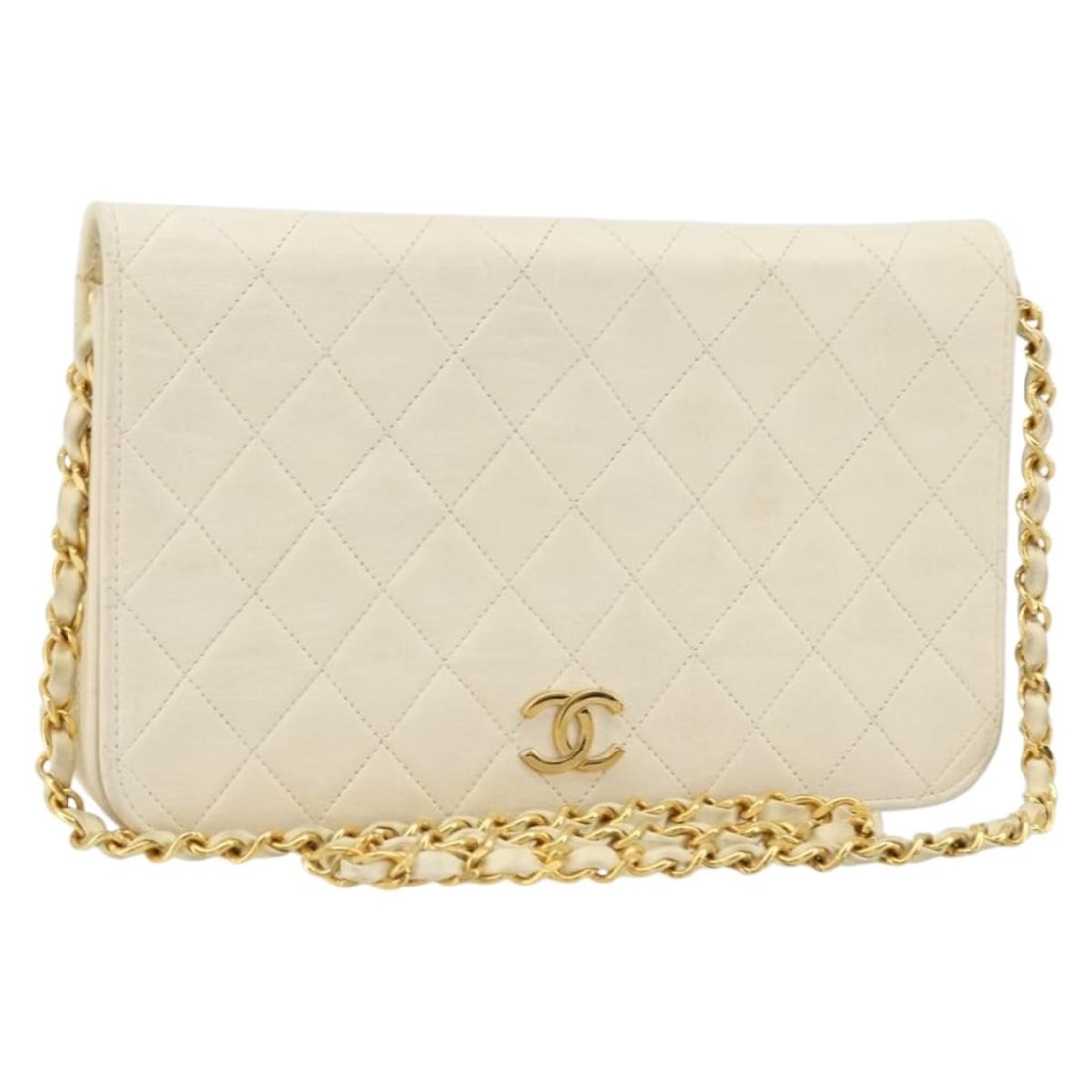 CHANEL White Gold Lamb Skin Matelasse Shoulder Bag: CHANEL White Gold Lamb Skin Matelasse Shoulder Bag This CHANEL Matelasse chain shoulder bag is crafted from lambskin leather in a white and gold color scheme. Designed for women, the bag features a cl