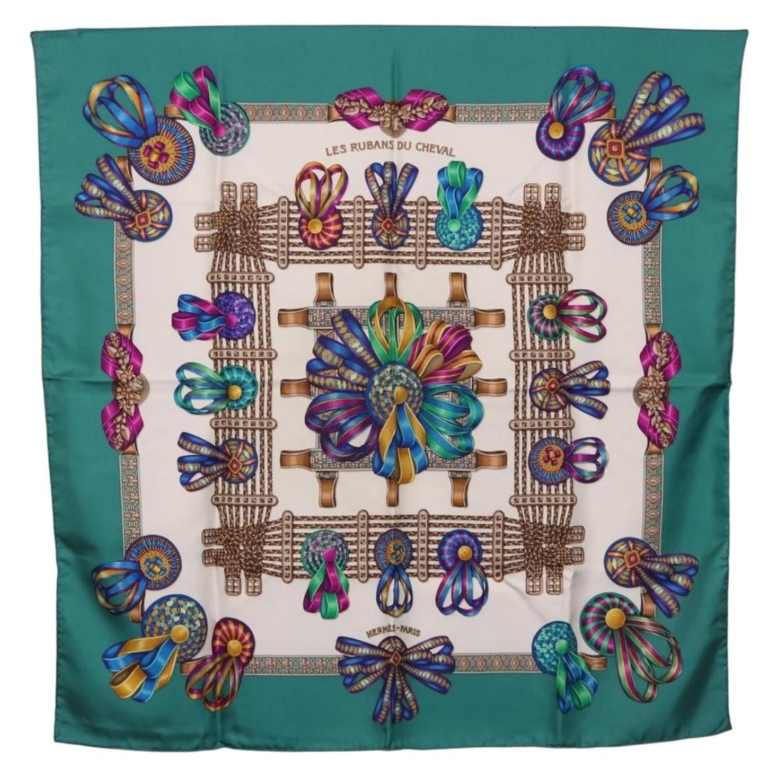 Hermes Les Rubans Du Cheval Silk Carre 90 Scarf Green White: Hermes Les Rubans Du Cheval Silk Carre 90 Scarf Green White Hermes Carre 90 silk scarf in green and white, titled "Les Rubans du Cheval." It measures approximately 90 cm x 90 cm and is made in France.