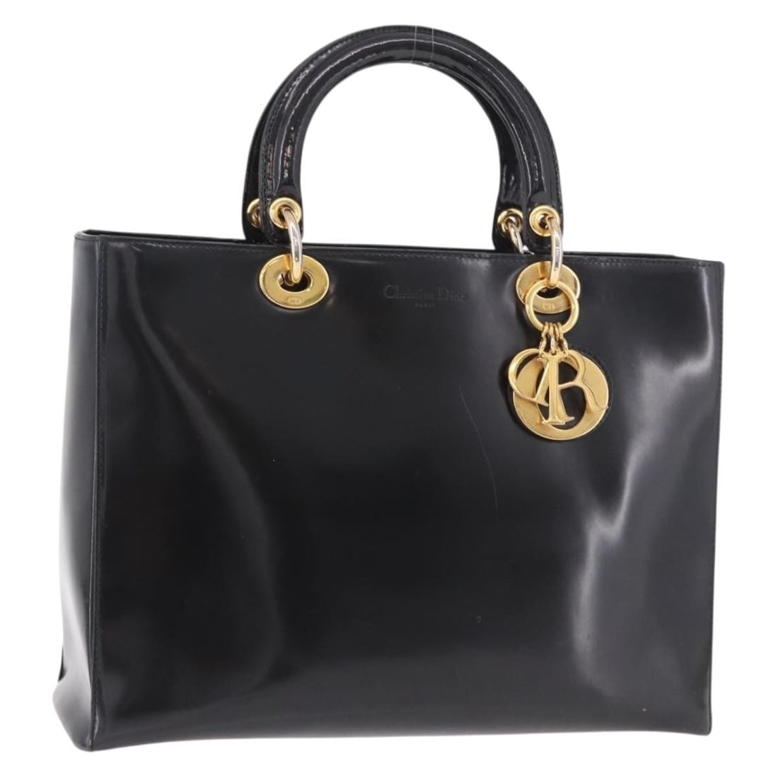 Christian Dior Black Enamel Hand Bag Gold Tone Italy: Christian Dior Black Enamel Hand Bag Gold Tone Italy Christian Dior handbag in black and gold enamel, made in Italy. The bag measures approximately W32 x H25 x D10 cm, with a handle drop of approximat