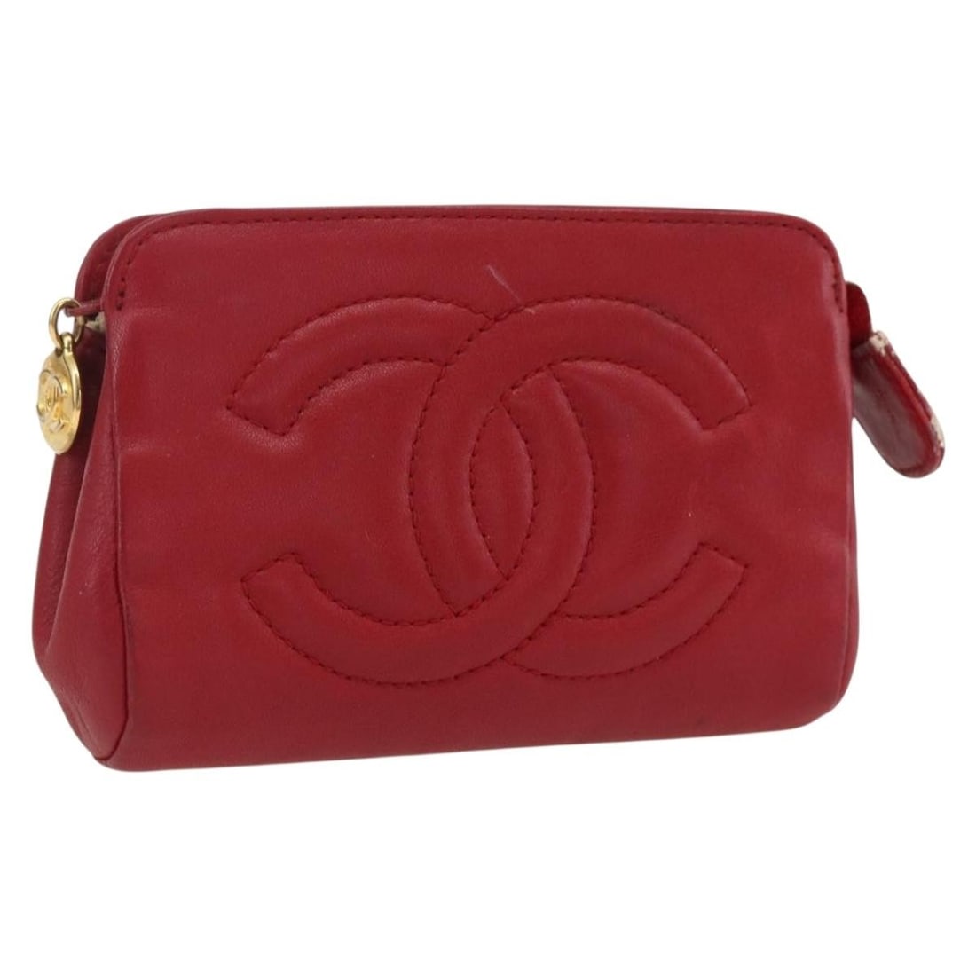 CHANEL Red Lamb Skin Pouch with Gold CC France: CHANEL Red Lamb Skin Pouch with Gold CC France Authentic CHANEL women's pouch in red lamb skin with gold-tone detailing. Made in France, this compact pouch is offered without the original box or dust 