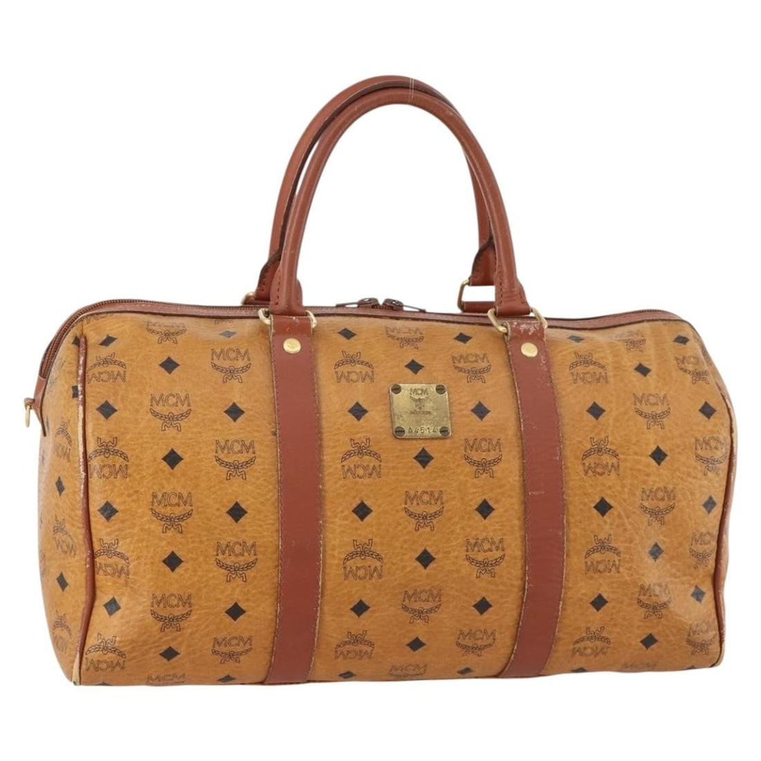 MCM Boston Bag in Brown Gold PVC Leather Logogram: MCM Boston Bag in Brown Gold PVC Leather Logogram Authentic MCM Boston bag in brown Vicetos logogram PVC leather with gold-tone detailing. This women's handbag is made in South Korea and comes only wi