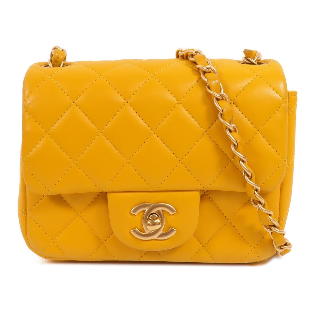CHANEL Mini Classic 17 Yellow Lambskin Chain Shoulder Bag CC GHW: CHANEL Mini Classic 17 Yellow Lambskin Chain Shoulder Bag CC GHW CHANEL Mini Classic 17 chain shoulder bag in yellow lambskin (sheep leather) with GHW and a turn-lock closure. It features one outside 