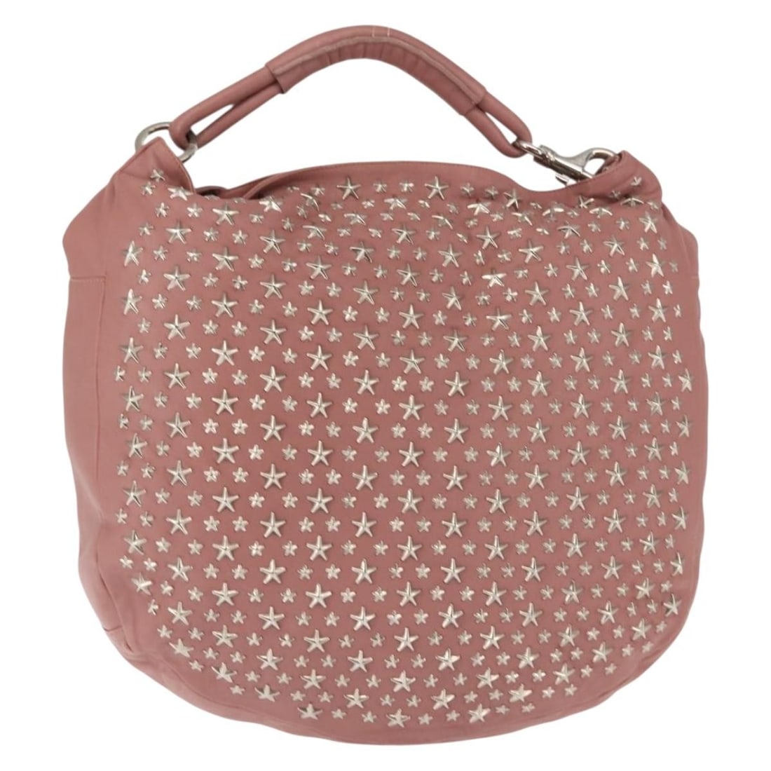 Jimmy Choo Pink Silver Star Studs Leather Shoulder Bag BA6611: Jimmy Choo Pink Silver Star Studs Leather Shoulder Bag BA6611 This Jimmy Choo Star Studs Shoulder Bag is a stylish and eye-catching accessory crafted from high-quality leather in a striking pink and s