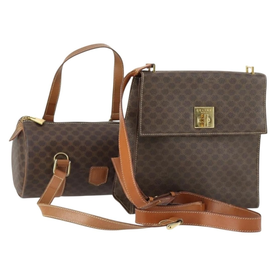 Set of 2 Celine Macadam Canvas and Leather Brown Handbags from Italy: Set of 2 Celine Macadam Canvas and Leather Brown Handbags from Italy This is a CELINE Macadam Canvas and PVC leather handbag set in brown, crafted in Italy. The set includes two handbags, each featuri