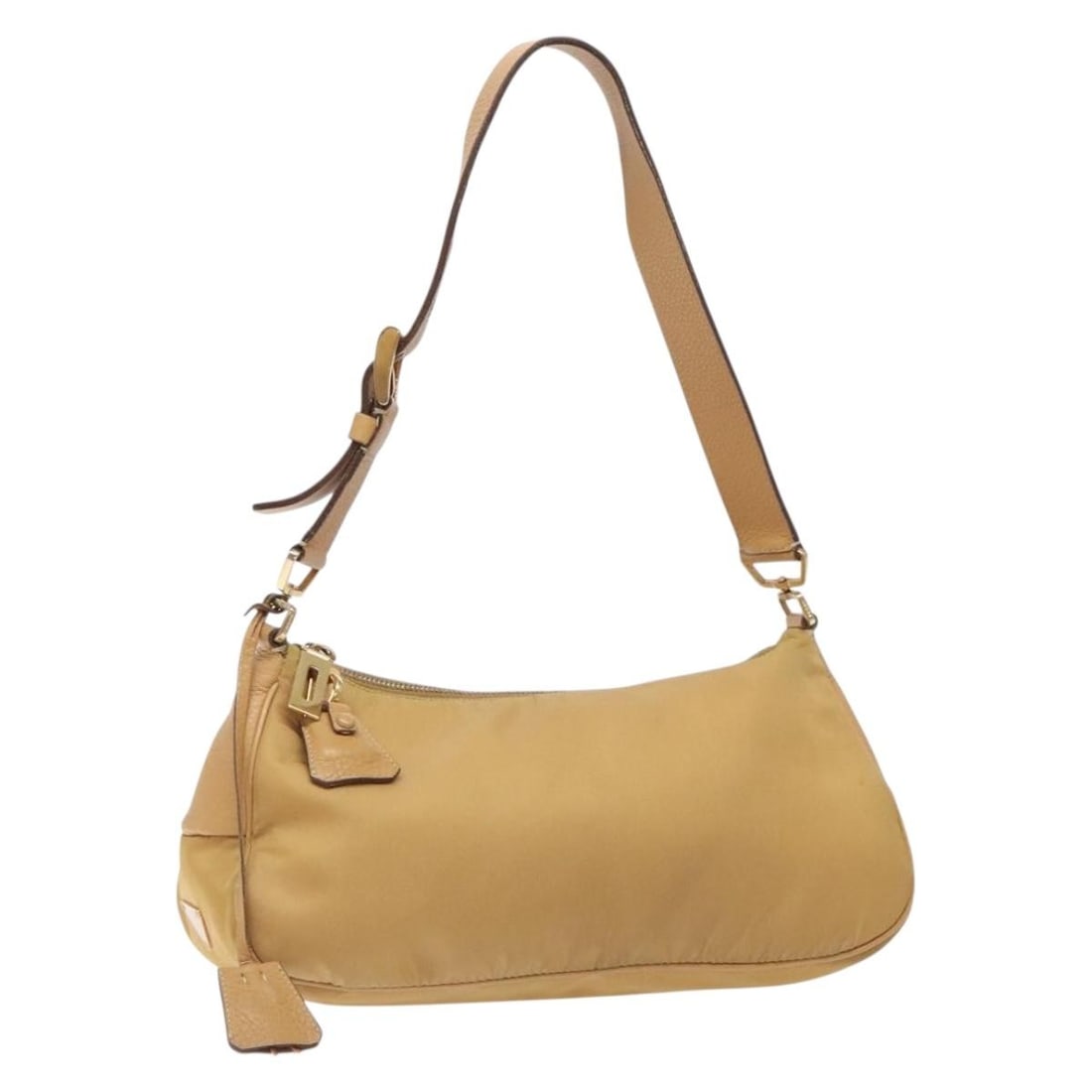 PRADA Beige Nylon Shoulder Bag Gold Tone Hardware Italy: PRADA Beige Nylon Shoulder Bag Gold Tone Hardware Italy This Prada shoulder bag is crafted from beige nylon with gold-tone hardware and was made in Italy. It features a shoulder strap with an approxim