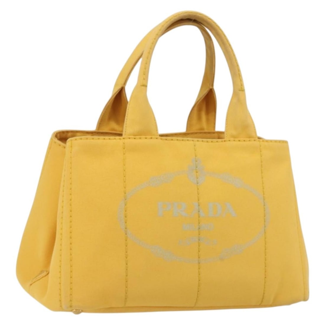 PRADA Canapa M Canvas Handbag Yellow Gold Italy: PRADA Canapa M Canvas Handbag Yellow Gold Italy Prada Canapa M hand bag in canvas with a yellow/gold exterior color. Made in Italy, this women's handbag measures approximately 34 cm wide, 22 cm high, 