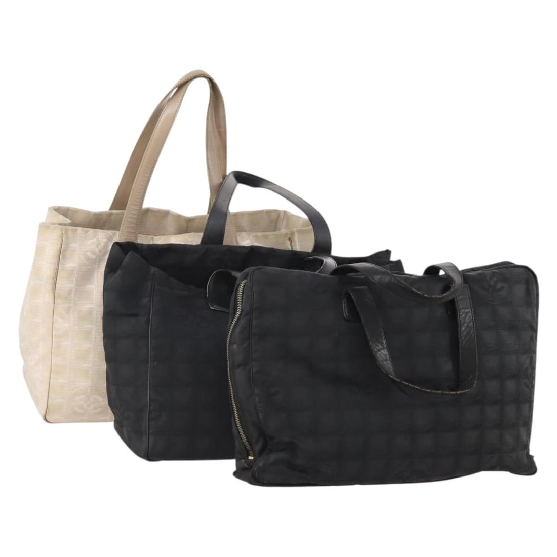 3 Piece CHANEL Travel Line Nylon Tote Bag Set Black Beige: 3 Piece CHANEL Travel Line Nylon Tote Bag Set Black Beige CHANEL New Travel Line tote bag set in black and beige nylon, made in Italy. This women's tote bag comes with a Guarantee Card and is offered 