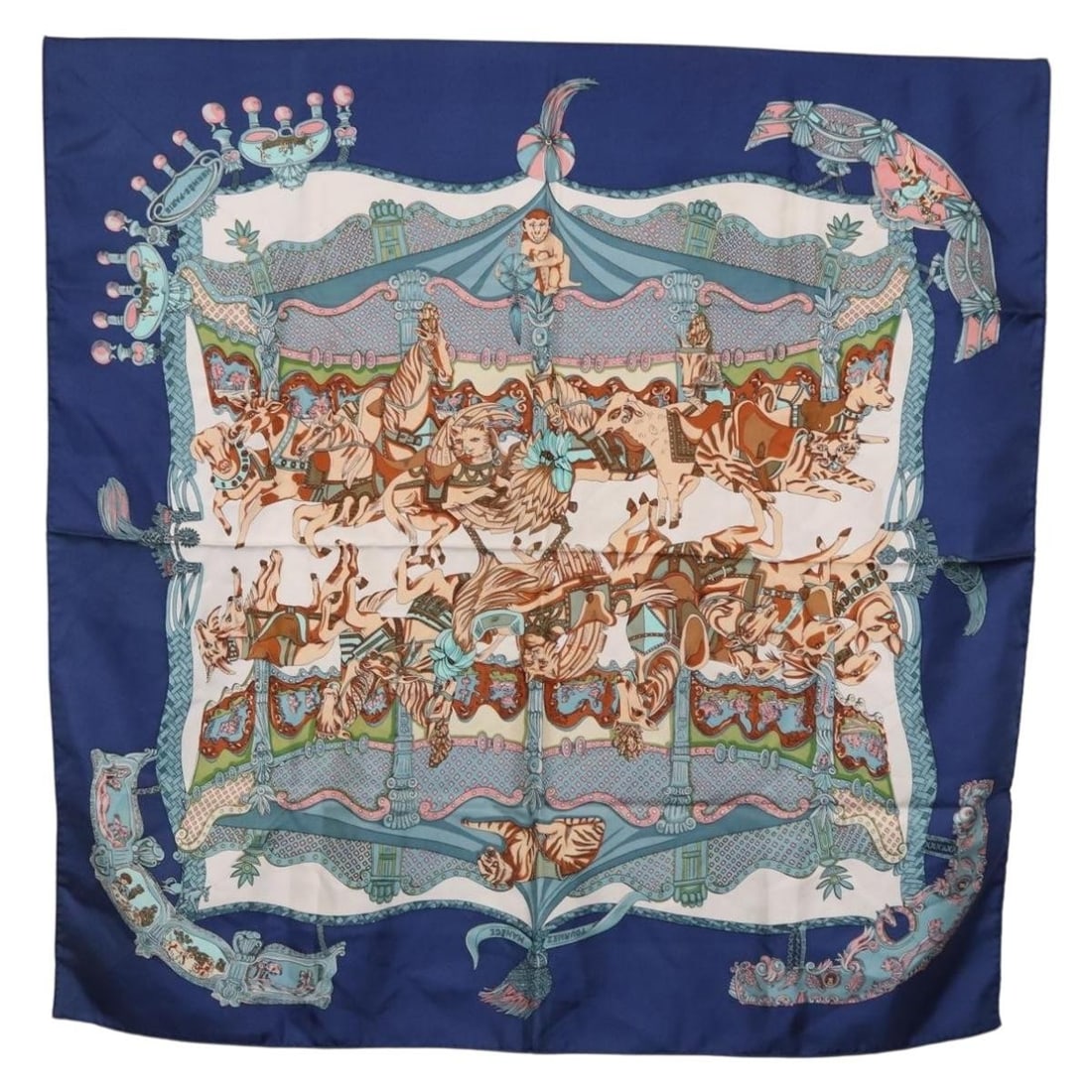 Hermes Tournez Manege Silk Carre 90 Scarf Blue White: Hermes Tournez Manege Silk Carre 90 Scarf Blue White Hermes Carre 90 silk scarf in blue and white, titled "Tournez Manege." It is a 90 cm square scarf made in France. The item is heavily used, with su