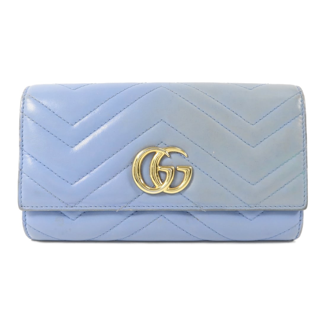 GUCCI GG Marmont bifold long wallet blue calfskin leather: GUCCI GG Marmont bifold long wallet blue calfskin leather A Gucci GG Marmont long bifold wallet in blue calfskin leather. It features a hook button closure, two wallet compartments, 12 card slots, one