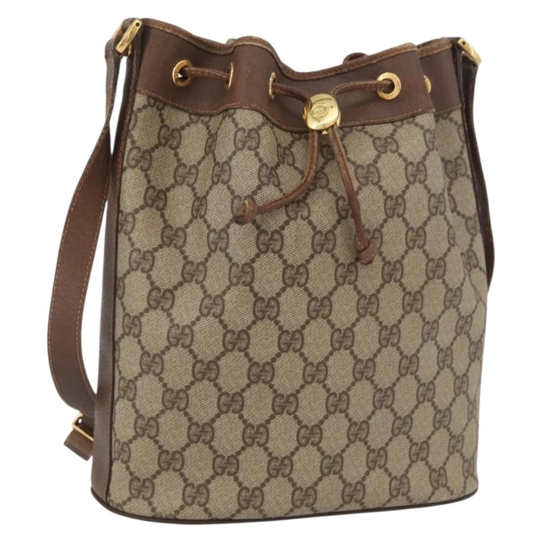 Gucci GG Supreme PVC Leather Shoulder Bag Beige Gold: Gucci GG Supreme PVC Leather Shoulder Bag Beige Gold A Gucci shoulder bag in beige and gold, made from PVC leather and GG canvas. It features a shoulder strap and was made in Italy. The bag is offered