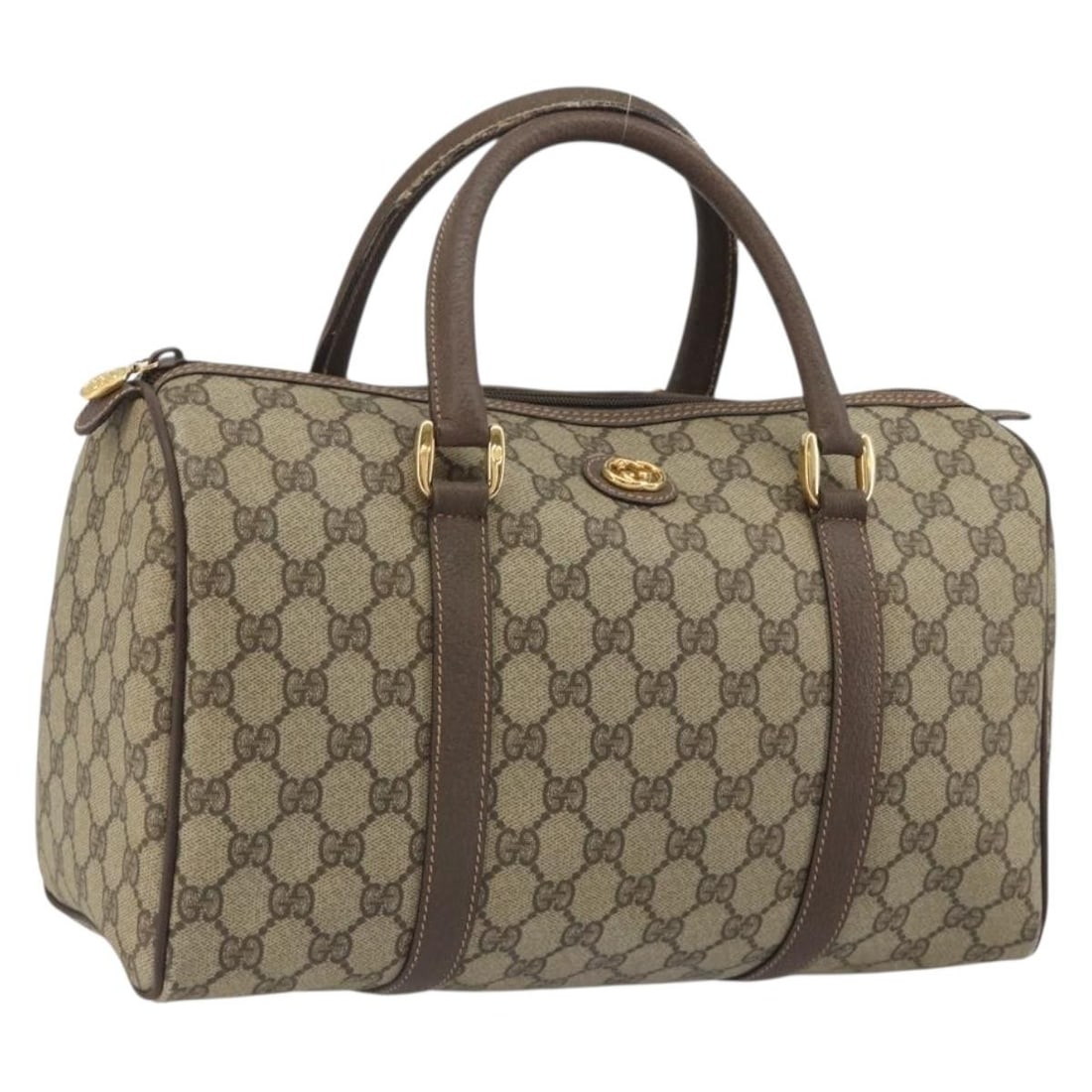 Gucci Mini Boston Bag GG Supreme Beige PVC Leather Gold Tone: Gucci Mini Boston Bag GG Supreme Beige PVC Leather Gold Tone A Gucci GG Supreme Mini Boston Bag in beige with gold tone accents, made from PVC leather and crafted in Italy. This Boston-style bag featu