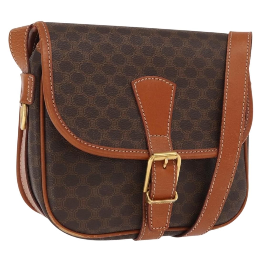 CELINE Macadam Brown PVC Leather Shoulder Bag Gold Details: CELINE Macadam Brown PVC Leather Shoulder Bag Gold Details This Celine Macadam shoulder bag features a brown and gold exterior crafted from PVC leather and Macadam canvas. The bag is made in Italy and