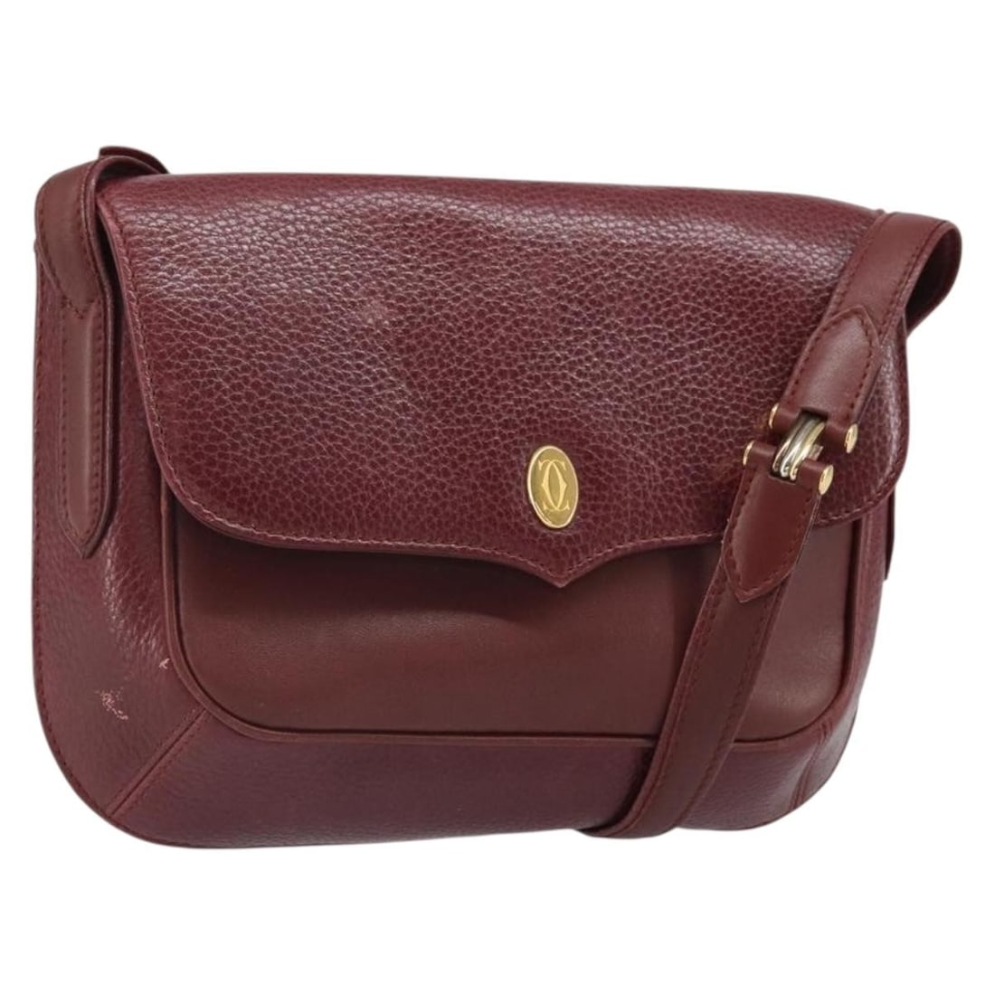 Cartier Must Line Bordeaux Leather Shoulder Bag Gold Accents with Guarantee Card: Cartier Must Line Bordeaux Leather Shoulder Bag Gold Accents with Guarantee Card This Cartier Must Line shoulder bag features a bordeaux leather exterior with gold-tone accents. Designed for women, it