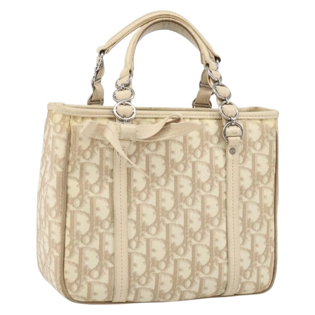 Christian Dior Romantic Hand Bag Trotter Canvas PVC Beige Silver: Christian Dior Romantic Hand Bag Trotter Canvas PVC Beige Silver A Christian Dior Trotter canvas romantic handbag in beige and silver, made from PVC leather and Trotter canvas. It includes a dust bag 