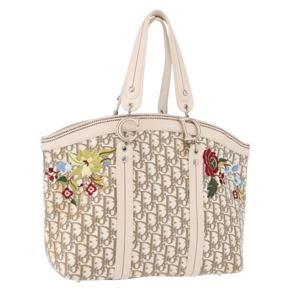 Christian Dior Trotter Canvas Beige Silver Womens Hand Bag: Christian Dior Trotter Canvas Beige Silver Womens Hand Bag Christian Dior hand bag in Trotter Canvas with a beige and silver color scheme. It measures approximately 31 cm wide, 25 cm high, and 10 cm d