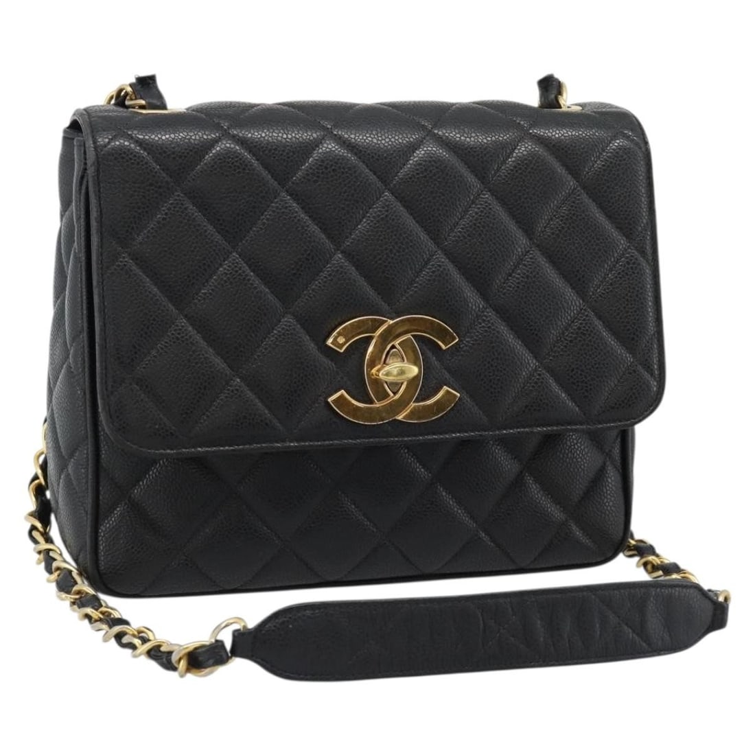 CHANEL CC Caviar Skin Shoulder Bag Black with Gold Chain: CHANEL CC Caviar Skin Shoulder Bag Black with Gold Chain A CHANEL chain matelasse shoulder bag in black with gold-tone hardware, made from caviar skin. It features a shoulder bag style and was made in