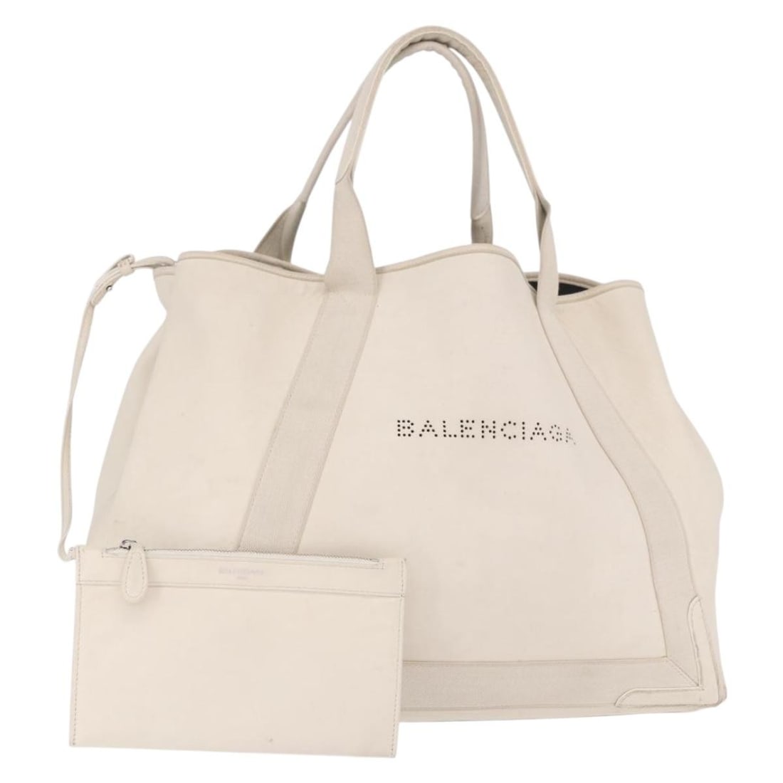 Balenciaga 339936 Navy Cabas M Leather Handbag White Silver Pouch: Balenciaga 339936 Navy Cabas M Leather Handbag White Silver Pouch Balenciaga Navy Cabas M hand bag in white and silver leather, made in Italy. It comes with a pouch accessory and is described as heavi