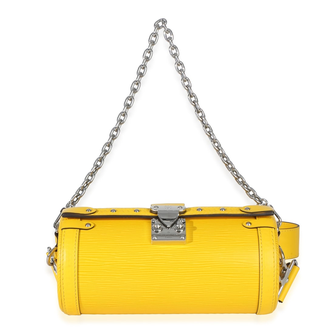Louis Vuitton Jaune Epi Papillon Trunk Shoulder Bag: Louis Vuitton Jaune Epi Papillon Trunk Shoulder Bag This Louis Vuitton Jaune Epi Papillon Trunk shoulder bag features a vibrant yellow leather exterior with a red microfiber lining. It is designed wit