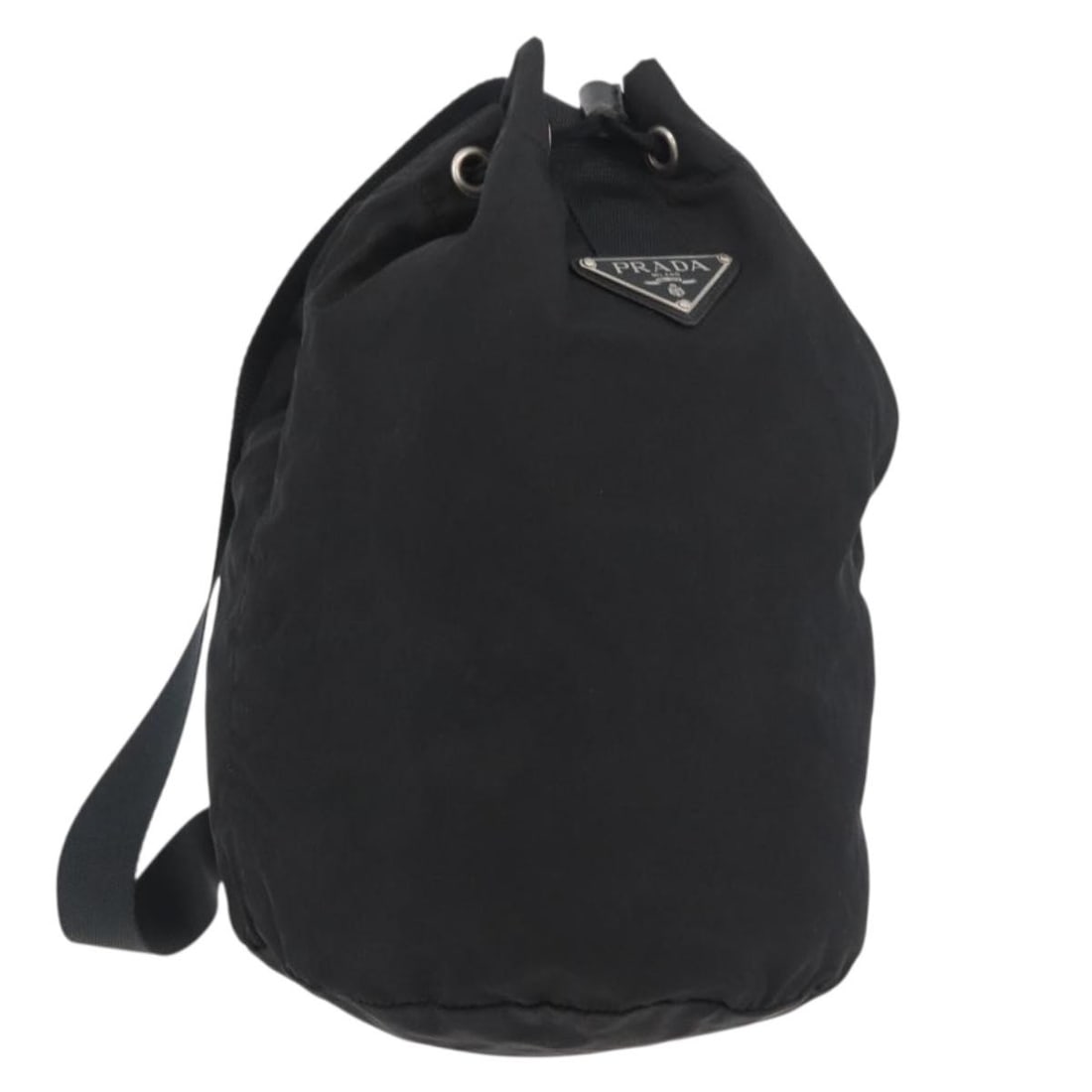 PRADA Black Nylon Shoulder Bag Silver Tone Made in Italy: PRADA Black Nylon Shoulder Bag Silver Tone Made in Italy This Prada shoulder bag is crafted from black nylon with silver-tone accents. It is made in Italy and presented in heavily used condition with 