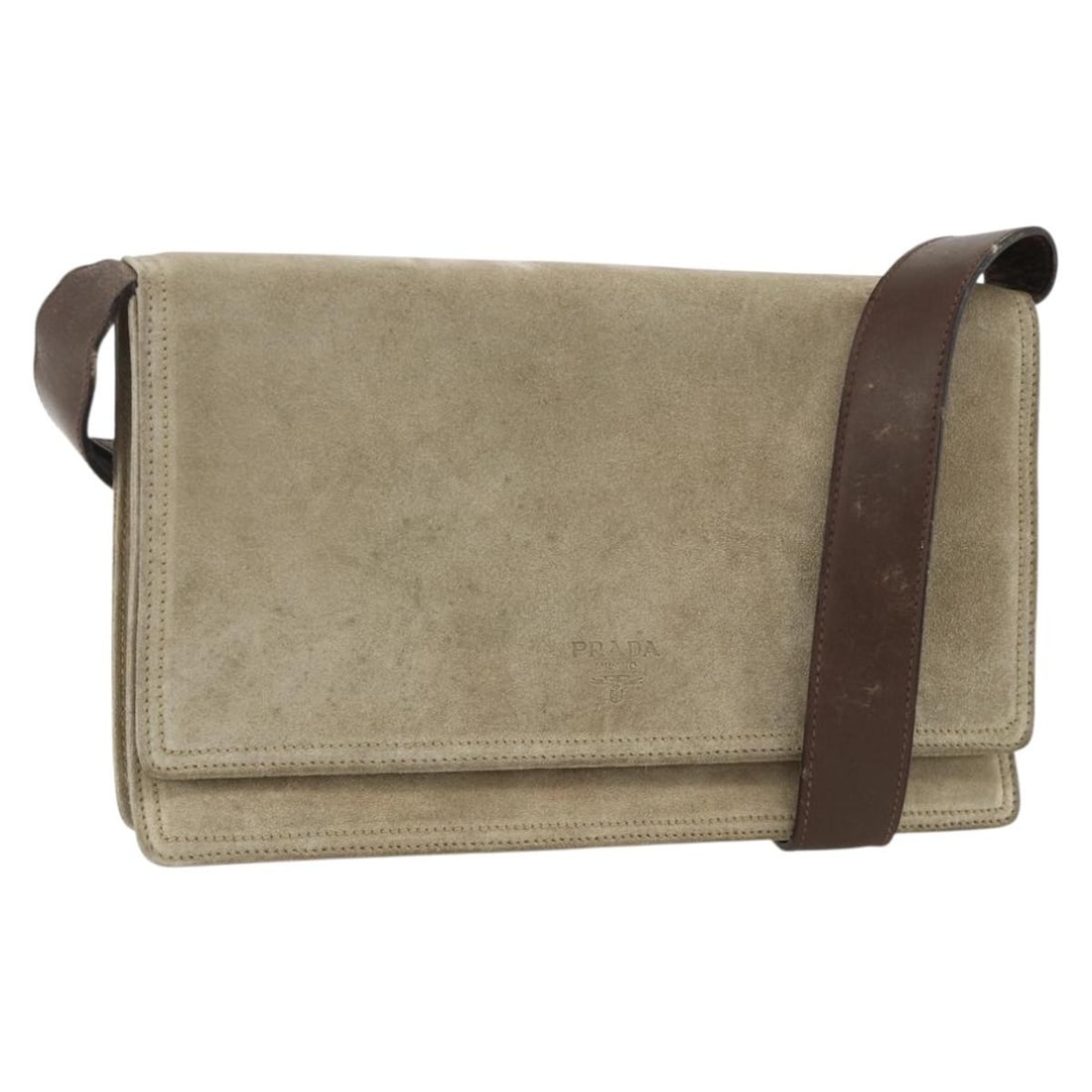 Prada Beige Suede Women's Shoulder Bag with Silver Tone Details: Prada Beige Suede Women's Shoulder Bag with Silver Tone Details This PRADA shoulder bag features a beige and silver suede exterior, designed for women. Made in Italy, the bag has a compact silhouette 