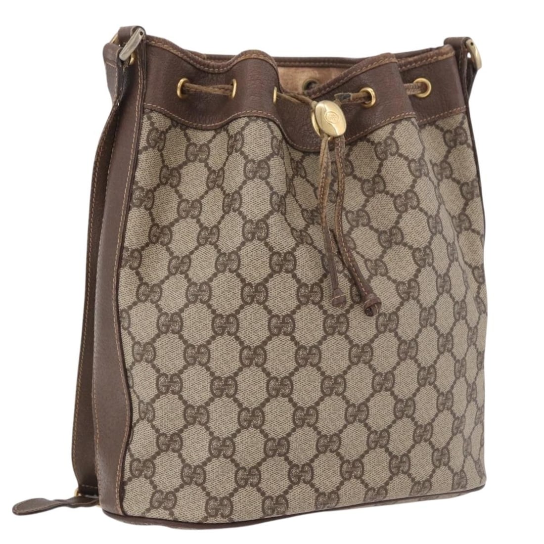 Gucci GG Supreme PVC Shoulder Bag Beige Gold 001 115 6179 4023: Gucci GG Supreme PVC Shoulder Bag Beige Gold 001 115 6179 4023 A Gucci shoulder bag in beige and gold, made from PVC leather and GG canvas. It measures approximately 24 cm wide, 27 cm high, and 10 cm 