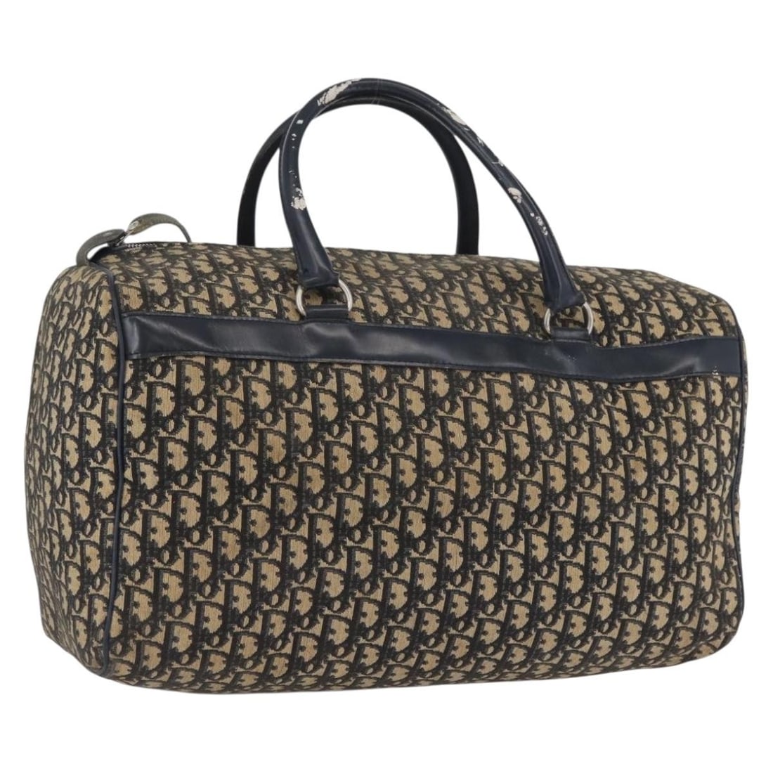 Navy Trotter Canvas Boston Bag by Christian Dior Silver Accents: Navy Trotter Canvas Boston Bag by Christian Dior Silver Accents This Christian Dior Boston Bag features the iconic Trotter canvas in navy and silver. Designed for women, it offers a spacious interior 