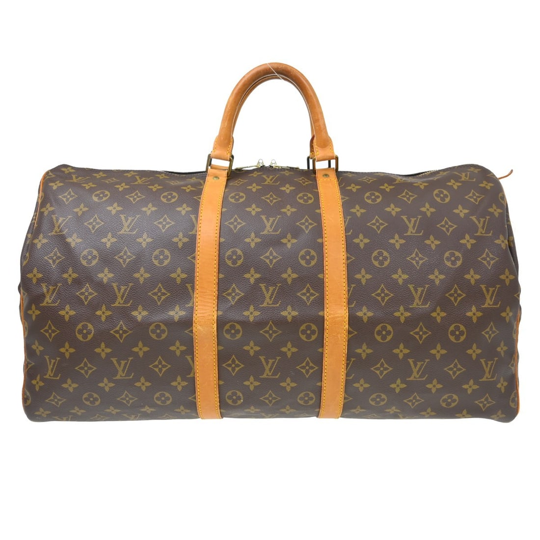 Louis Vuitton Keepall 55 Monogram Canvas Travel Duffle Bag M41424: Louis Vuitton Keepall 55 Monogram Canvas Travel Duffle Bag M41424 Vintage Louis Vuitton Keepall 55 travel handbag in brown Monogram canvas with leather trim and double handles. This extra-large duffle