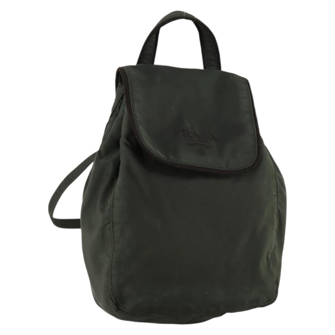 PRADA Khaki Silver Nylon Backpack with Guarantee Card: PRADA Khaki Silver Nylon Backpack with Guarantee Card This PRADA backpack combines functionality with a stylish design. Crafted from durable nylon, it features a chic khaki and silver color scheme. Th