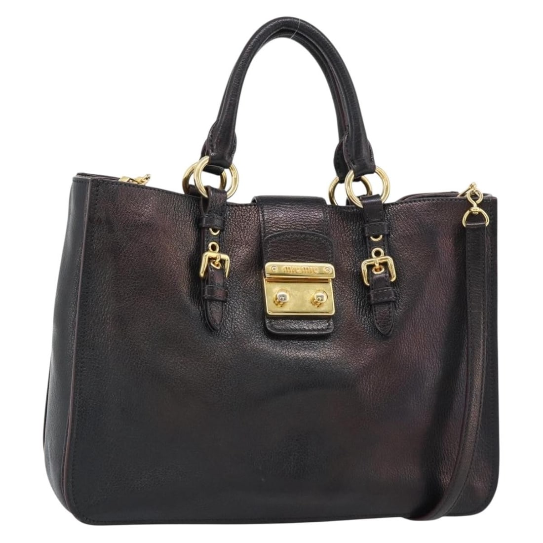Miu Miu Madras Leather 2way Handbag Black with Gold Tone Strap: Miu Miu Madras Leather 2way Handbag Black with Gold Tone Strap Miu Miu Madras leather 2-way handbag in black and gold, made in Italy. It comes with a dust bag and shoulder strap. The bag is described 