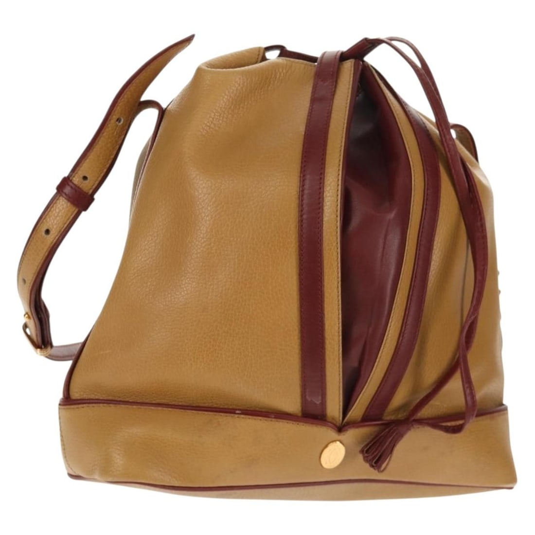 CARTIER Beige Leather Shoulder Bag Authentic 151907: CARTIER Beige Leather Shoulder Bag Authentic 151907 This authentic CARTIER shoulder bag is a stylish accessory crafted from beige leather. With dimensions of approximately 9.8 inches in length, 10.2 i
